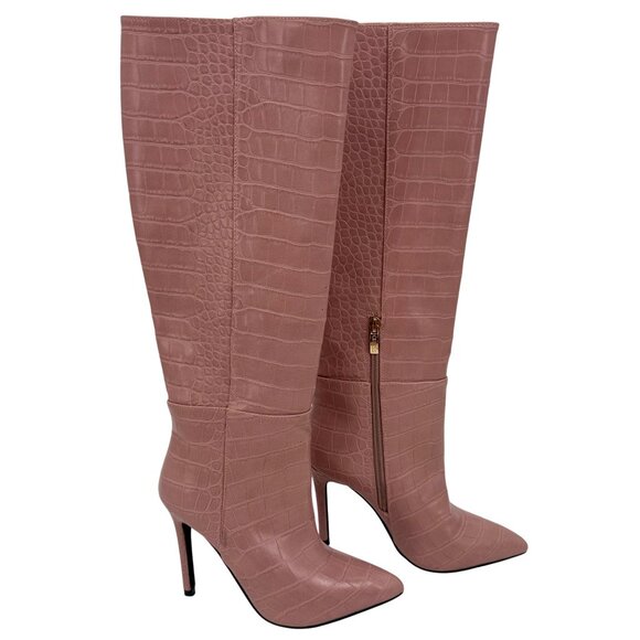 Guess Pink Vegan Croc Pointed Toe Knee High Stiletto Boots | Sexy Baddie Barbie - Picture 3 of 16
